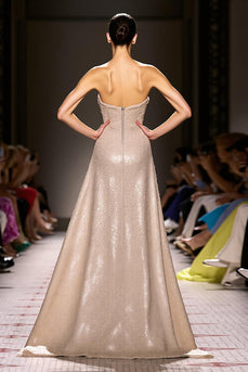 Sparkly Champagne Strapless Sheath Long Evening Dress