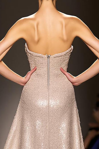 Sparkly Champagne Strapless Sheath Long Evening Dress