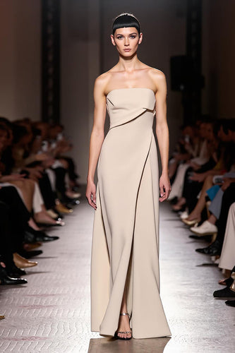 Simple Ivory Strapless Ruched Sheath Long Evening Dress with Slit