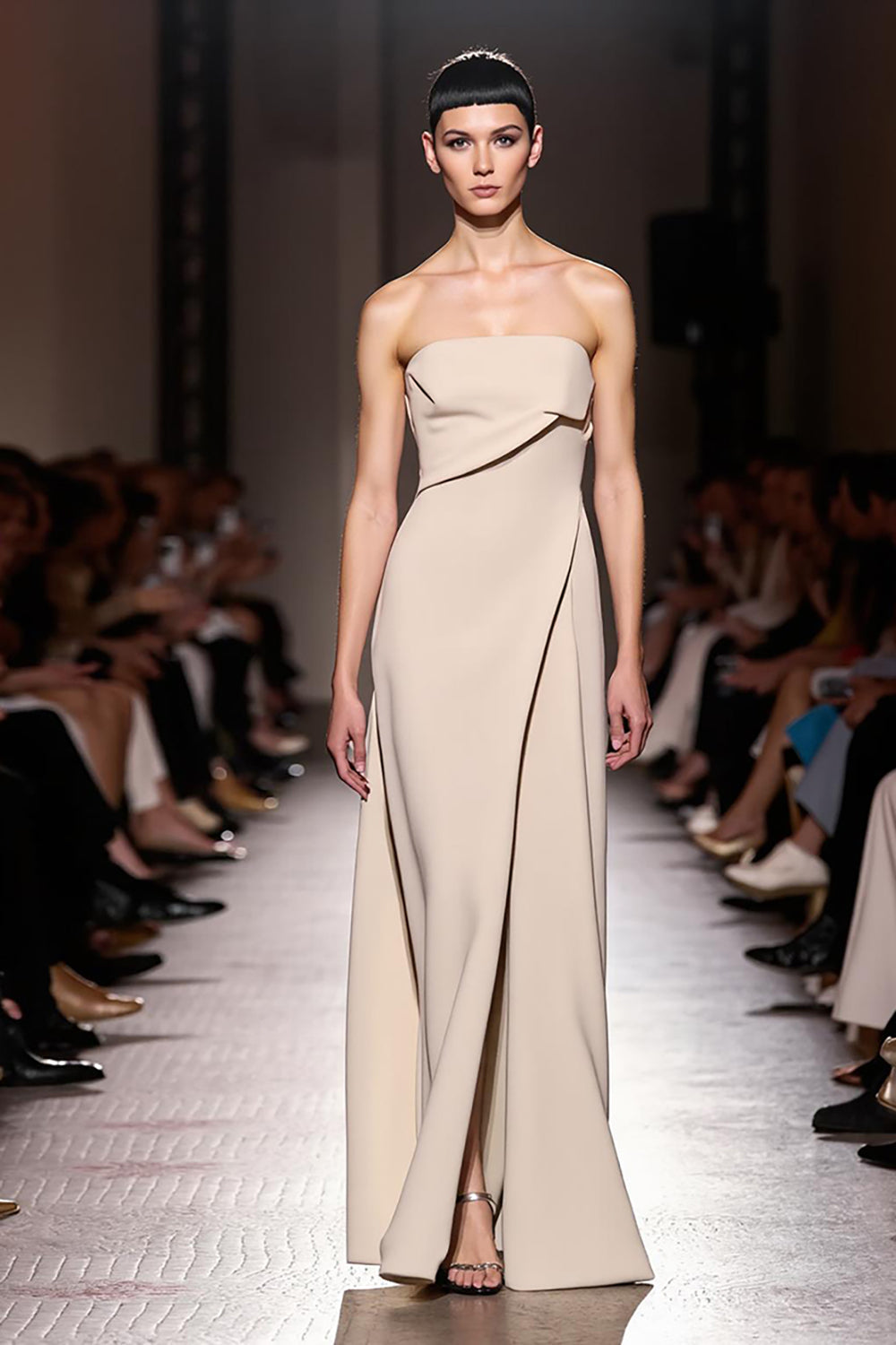 Simple Ivory Strapless Ruched Sheath Long Evening Dress with Slit