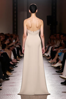Simple Ivory Strapless Ruched Sheath Long Evening Dress with Slit