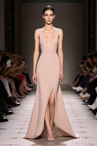 Champagne Satin Sheath Deep V-Neck Long Evening Dress with Slit