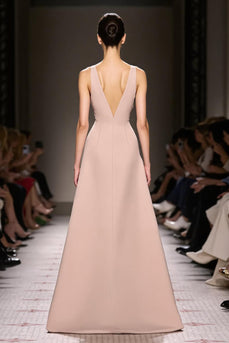 Champagne Satin Sheath Deep V-Neck Long Evening Dress with Slit