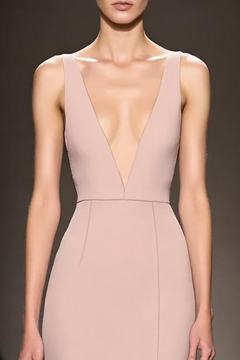 Load image into Gallery viewer, Champagne Satin Sheath Deep V-Neck Long Evening Dress with Slit
