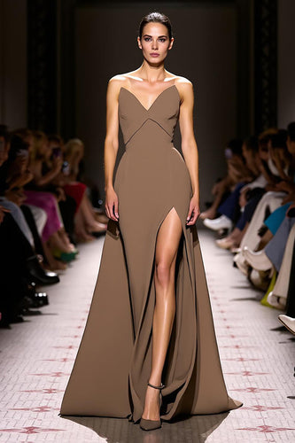 Simple Coffee Strapless Sheath Satin Long Evening Dress with Slit