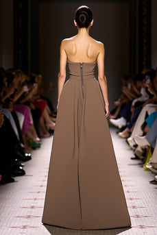 Simple Coffee Strapless Sheath Satin Long Evening Dress with Slit