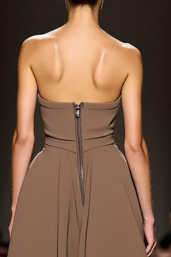 Simple Coffee Strapless Sheath Satin Long Evening Dress with Slit