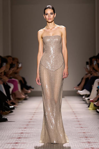 Sparkly Champagne Strapless Sequins Backless Long Strapless Evening Dress