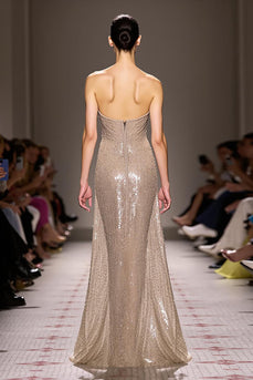 Sparkly Champagne Strapless Sequins Backless Long Strapless Evening Dress