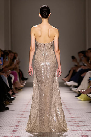 Sparkly Champagne Strapless Sequins Backless Long Strapless Evening Dress