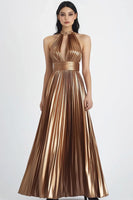 Load image into Gallery viewer, Gold Metallic Halter Pleated Long Evening Dress