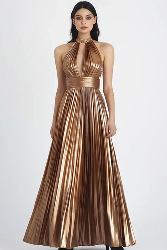 Gold Metallic Halter Pleated Long Evening Dress