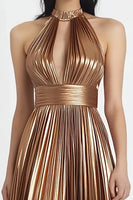 Load image into Gallery viewer, Gold Metallic Halter Pleated Long Evening Dress