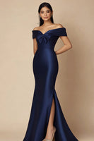 Load image into Gallery viewer, Navy Mermaid Satin Long Evening Dress with Slit