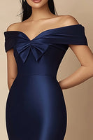Load image into Gallery viewer, Navy Mermaid Satin Long Evening Dress with Slit