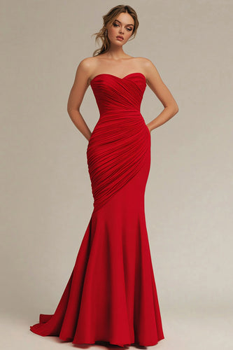 Red Sweetheart Mermaid Satin Long Evening Dress