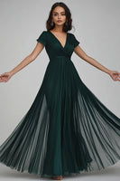 Load image into Gallery viewer, Dark Green Tulle A Line V-Neck Long Evening Dress