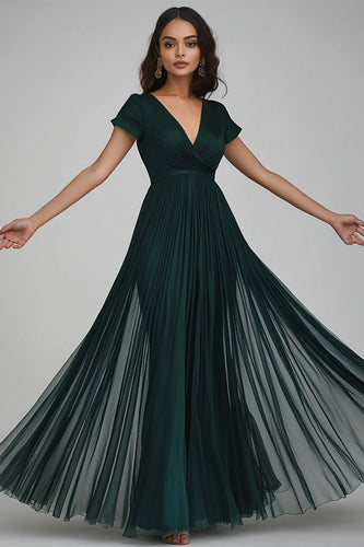 Dark Green Tulle A Line V-Neck Long Evening Dress