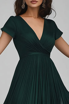 Dark Green Tulle A Line V-Neck Long Evening Dress