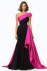 Load image into Gallery viewer, Queendancer Women Black and White Satin Long Evening Dress with Ruffles Mermaid One Shoulder Formal Dress