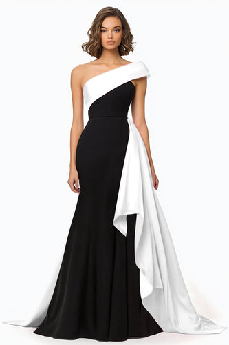 Black and White Mermaid Satin Long Evening Dress with Ruffles