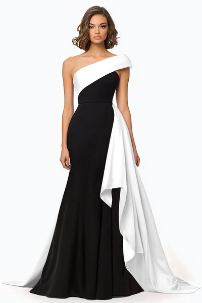 Black and White Mermaid Satin Long Evening Dress with Ruffles