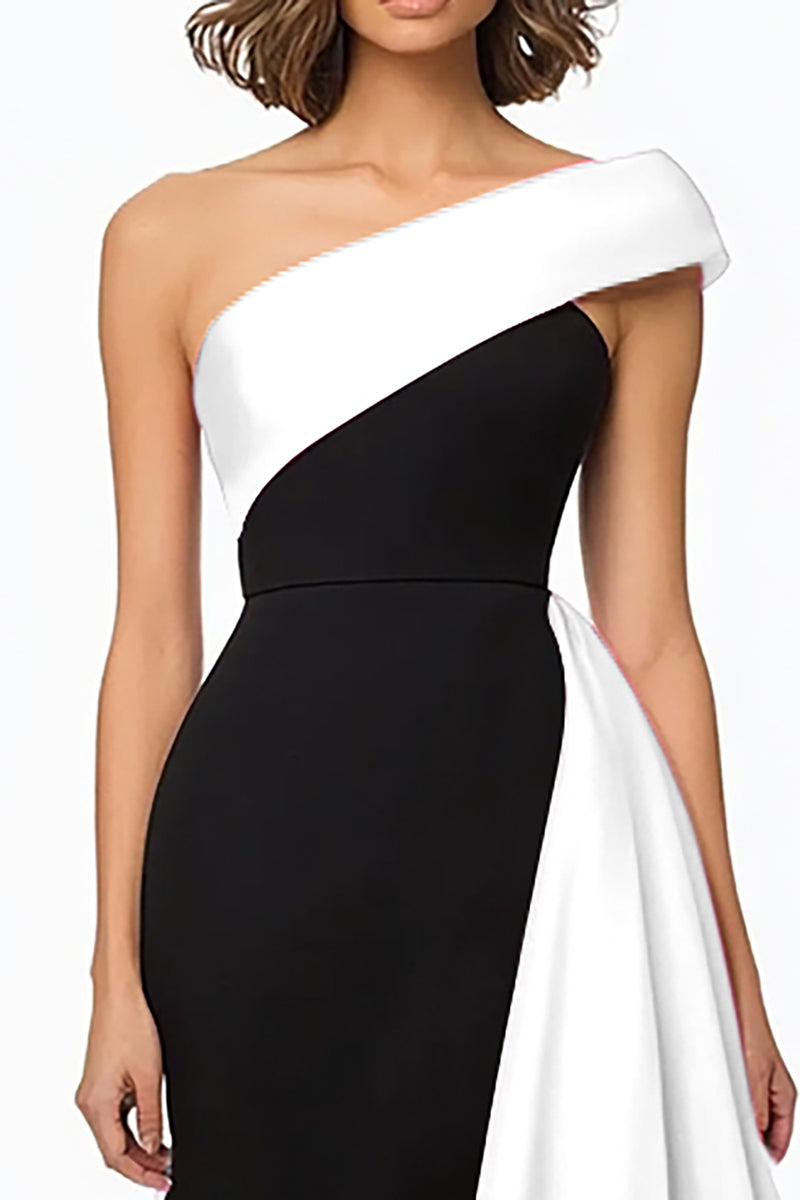 Load image into Gallery viewer, Black and White Satin Mermaid One Shoulder Long Evening Dress with Ruffles