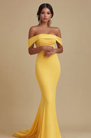 Load image into Gallery viewer, Yellow Mermaid Satin Off the Shoulder Long Evening Dress