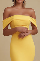 Load image into Gallery viewer, Yellow Mermaid Satin Off the Shoulder Long Evening Dress