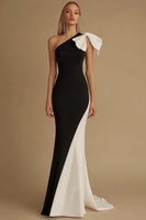 Load image into Gallery viewer, Black and White Mermaid Satin One Shoulder Long Evening Dress with Bow