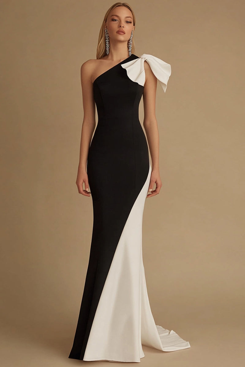 Load image into Gallery viewer, Black and White Mermaid Satin One Shoulder Long Evening Dress with Bow