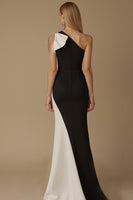 Load image into Gallery viewer, Black and White Mermaid Satin One Shoulder Long Evening Dress with Bow