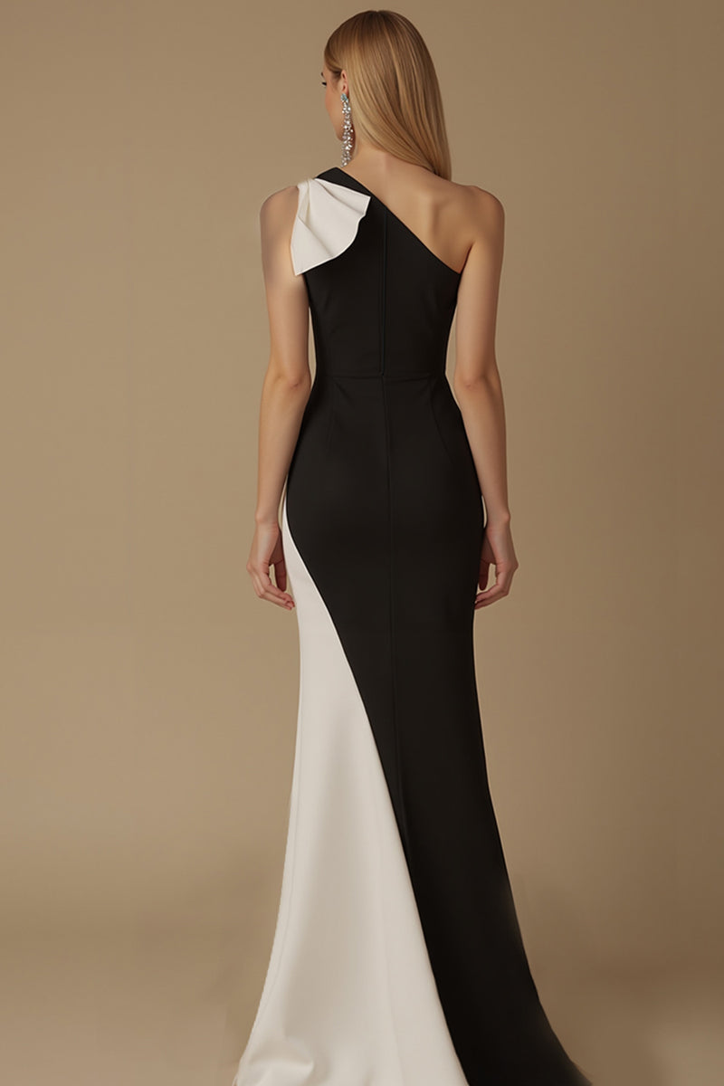 Load image into Gallery viewer, Black and White Mermaid Satin One Shoulder Long Evening Dress with Bow