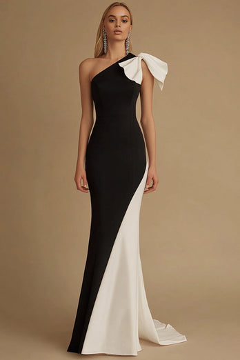 Queendancer Women Black and White Satin Long Evening Dress with Bow Mermaid One Shoulder Formal Dress