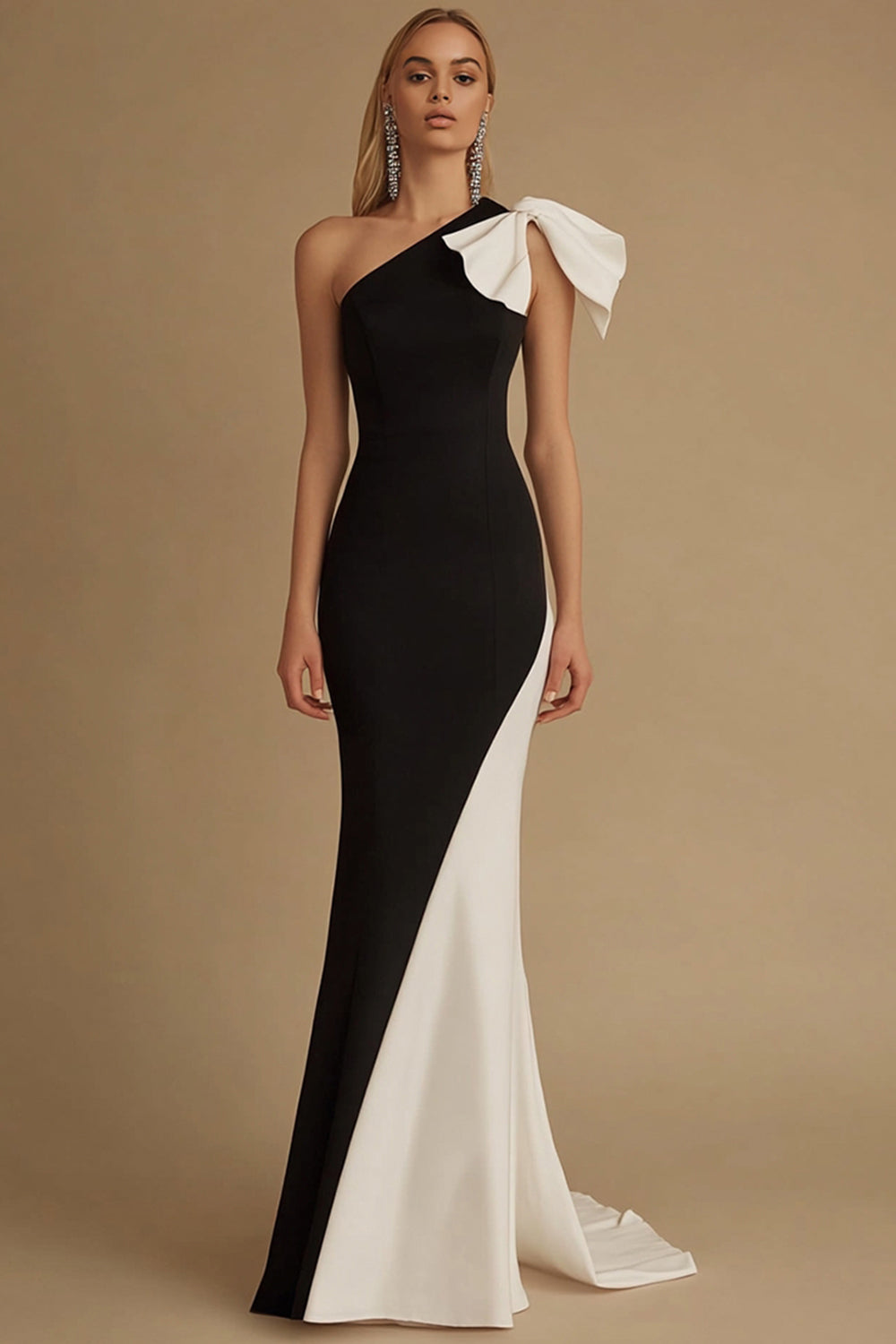Queendancer Women Black and White Satin Long Evening Dress with Bow Mermaid One Shoulder Formal Dress
