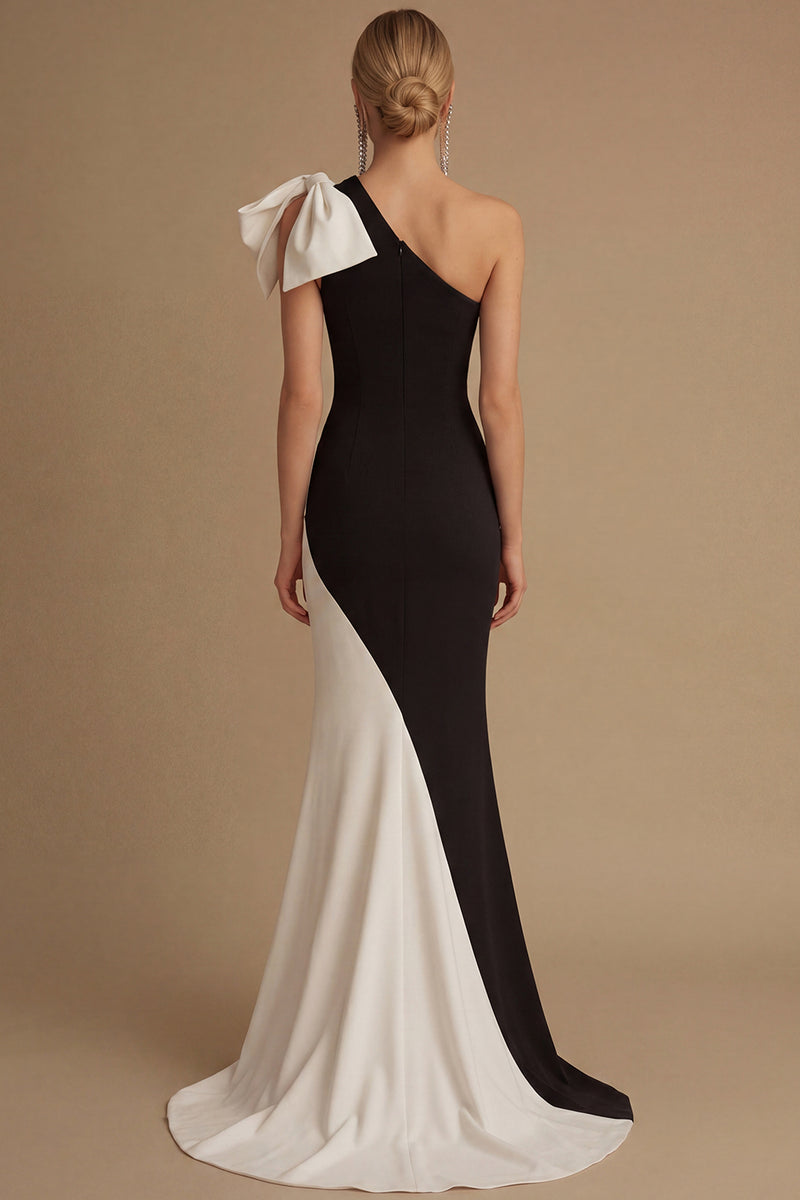 Load image into Gallery viewer, Black and White Mermaid Satin One Shoulder Long Evening Dress with Bow