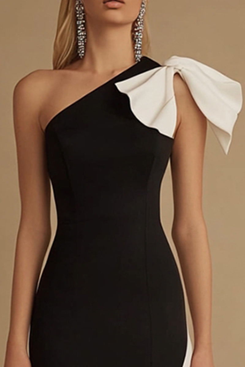 Load image into Gallery viewer, Black and White Mermaid Satin One Shoulder Long Evening Dress with Bow