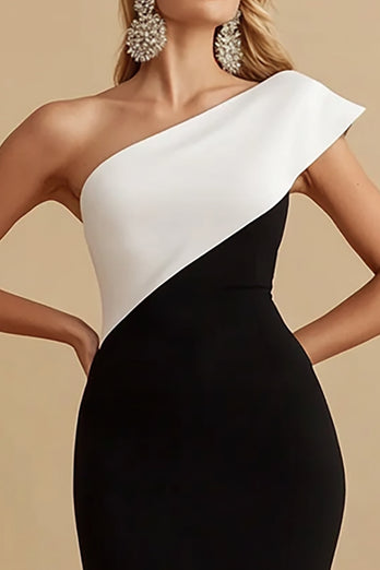Black and White Satin Mermaid One Shoulder Long Evening Dress