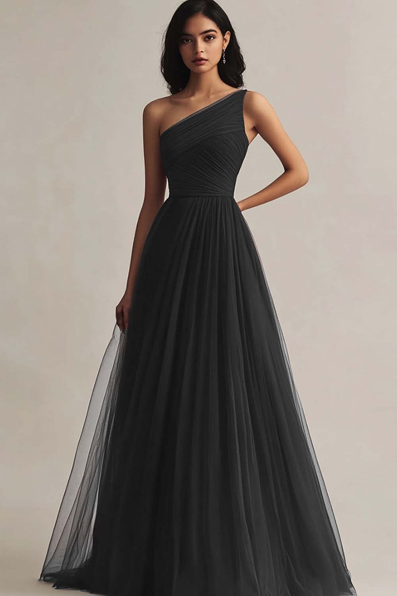 Load image into Gallery viewer, Burgundy Tulle One Shoulder A Line Long Evening Dress