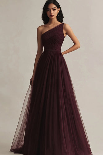 Burgundy Tulle One Shoulder A Line Long Evening Dress