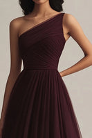 Load image into Gallery viewer, Burgundy Tulle One Shoulder A Line Long Evening Dress