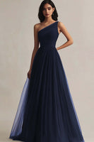 Load image into Gallery viewer, Burgundy Tulle One Shoulder A Line Long Evening Dress