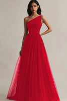 Load image into Gallery viewer, Burgundy Tulle One Shoulder A Line Long Evening Dress
