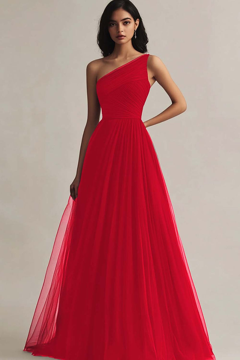 Load image into Gallery viewer, Burgundy Tulle One Shoulder A Line Long Evening Dress