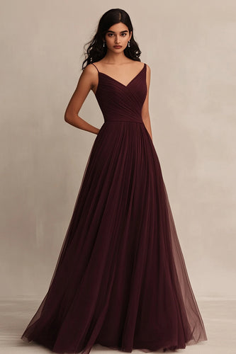 Burgundy Tulle A Line Spaghetti Straps Long Evening Dress
