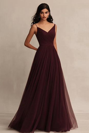 Burgundy Tulle A Line Spaghetti Straps Long Evening Dress