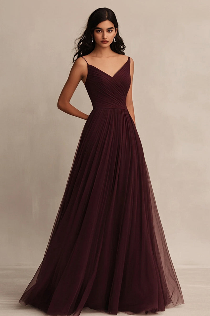 Load image into Gallery viewer, Burgundy Tulle A Line Spaghetti Straps Long Evening Dress