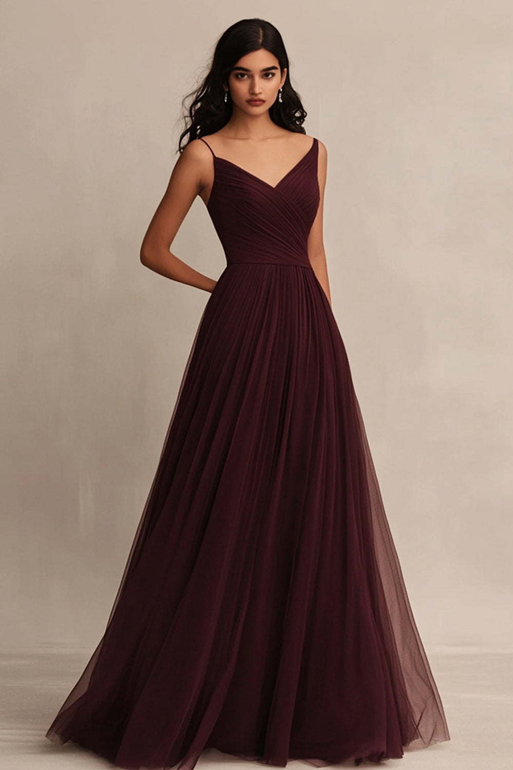 Burgundy Tulle A Line Spaghetti Straps Long Evening Dress