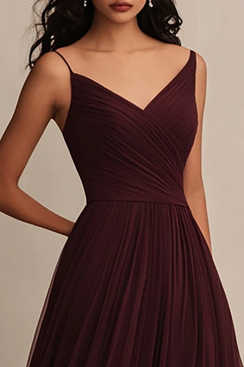 Burgundy Tulle A Line Spaghetti Straps Long Evening Dress