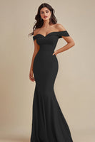 Load image into Gallery viewer, Black Satin Off the Shoulder Long Mermaid Evening Dress
